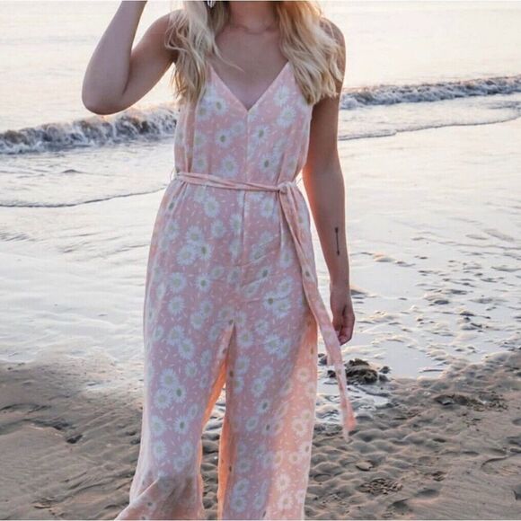 Zara Women’s Orange Sunflower Wide Leg Jumpsuit Spaghetti Strap Size S - Picture 1 of 14